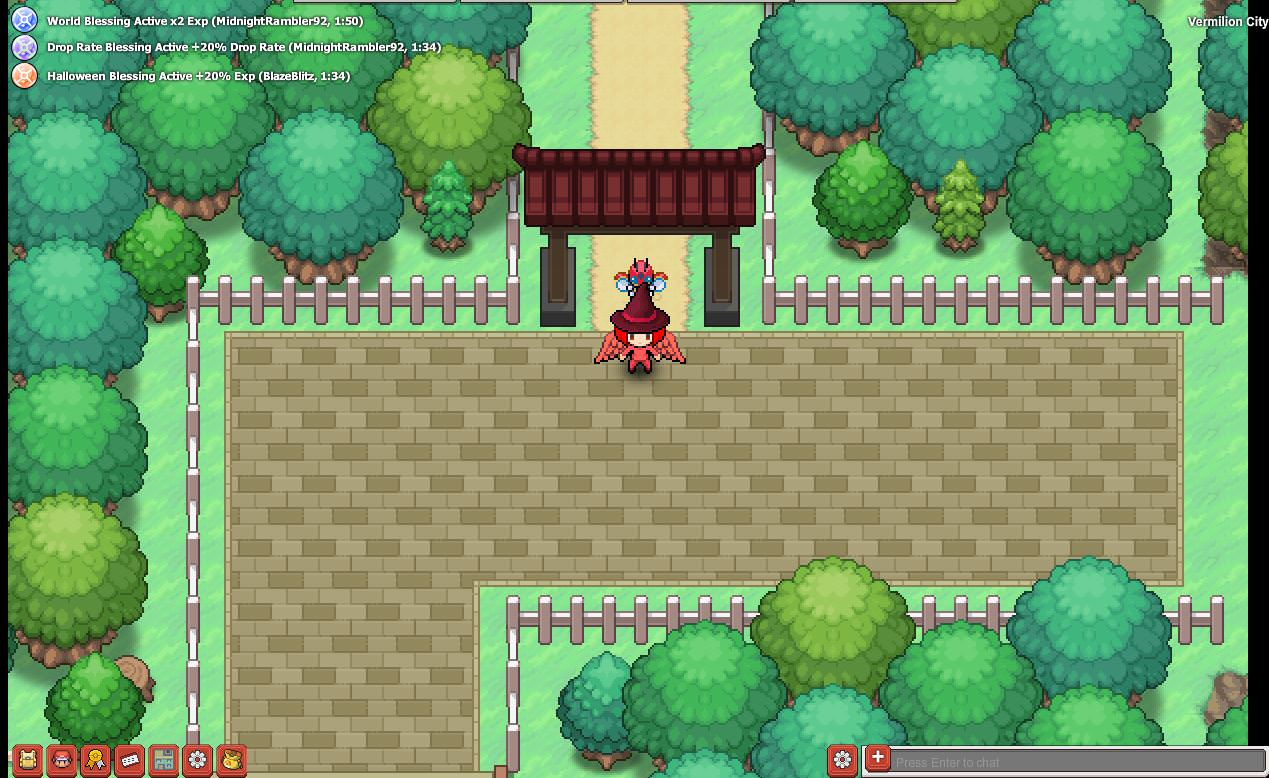A trainer standing before a shrine gate in the forest